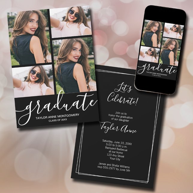 Modern 4 fotosvart Studenten Meddelande (Modern script 4 photo black graduation announcements - PRINTED and/or INSTANT DOWNLOAD)