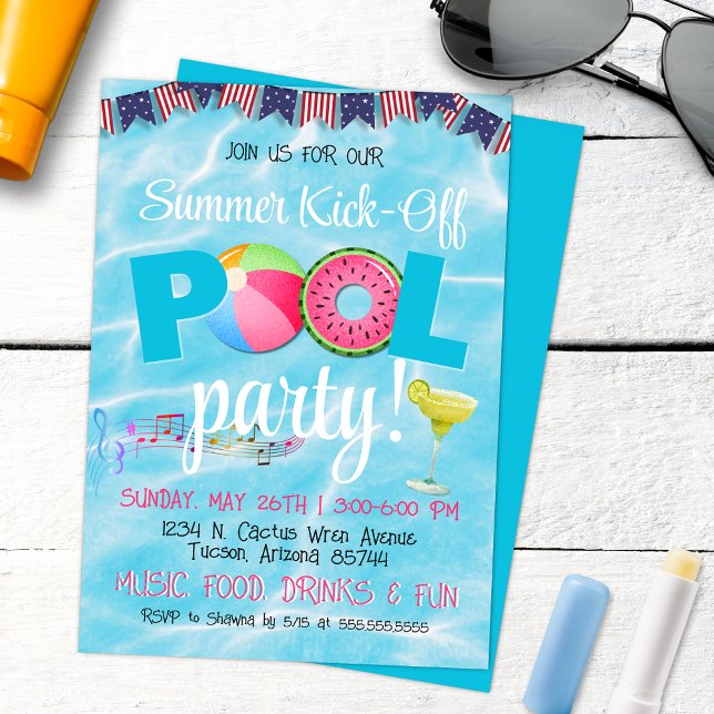 Modern 4 juli patriotisk poolparty inbjudningar (Fun Colorful Summer Pool Party Invitation with Modern Music, Margaritas and Music)