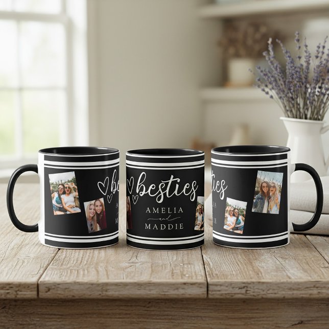 Modern 4 Photo Besties Black and White  Mugg (Modern 4 Photo Besties Black and White Mug Front, right and left sides shown.)