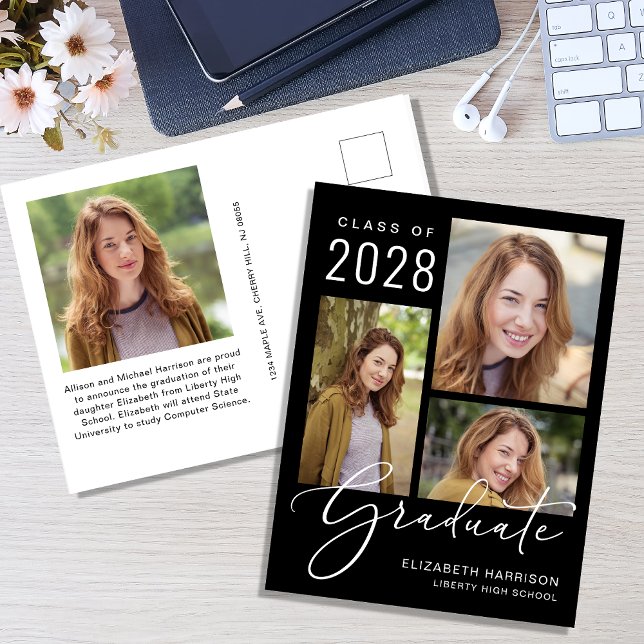 Modern 4 Photo Black Studenten Meddelande Vykort (An elegant photo collage graduation announcement postcard to celebrate the graduate's achievements)