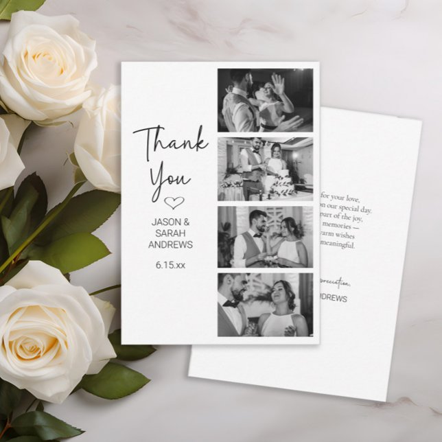 Modern 4 Photo Black White Filmstrip Wedding  Tack Kort (Modern black and white 4 photo filmstrip-style wedding thank you card)