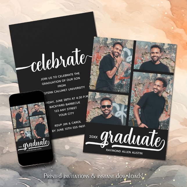 Modern 4 Photo Collage Black Studenten Inbjudningar (Modern 4 Photo Collage Black Graduation Invitations)
