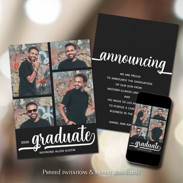 Modern 4 Photo Collage Black Studenten Meddelande (Modern 4 Photo Collage Black Graduation Announcements)