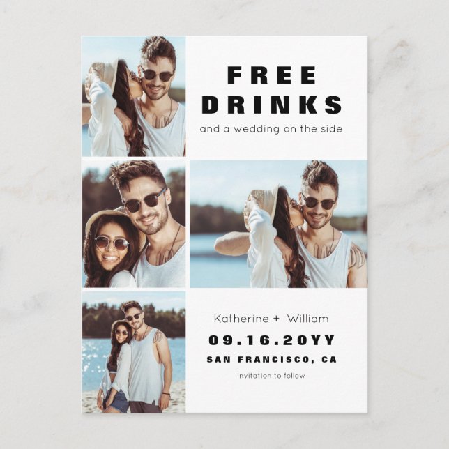 Modern 4 Photo Collage Bröllop Spara vårt datum Meddelande Vykort (Framsida)