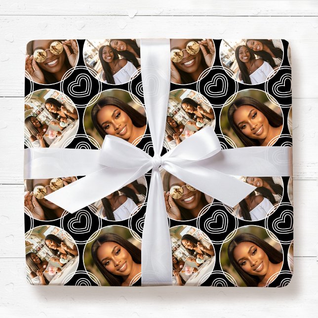 Modern 4 Photo Collage Circle Heart Pattern Black Presentpapper (Skapare uppladdad)