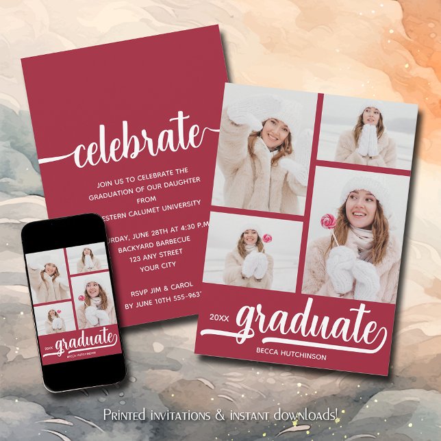 Modern 4 Photo Collage Crimson Red Studenten Inbjudningar (Modern 4 photo collage crimson red graduation party invitations)