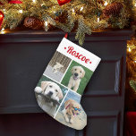 Modern 4 Photo Collage Cute Red Script Pet Namn Liten Julstrumpa<br><div class="desc">Gratulerar till hårigets familj med den här söta anpassningsbarna 4-fotokollage julsaltning. Namn och bilder på den här mallen är enkla att anpassa. (IMAGE PLACEMENT TIP: Ett enkelt sätt att centrera ett foto exakt som du vill är att flytta det till skörd innan du laddar upp det till Zazzle-webbplatsen.) Denna djurhållning...</div>
