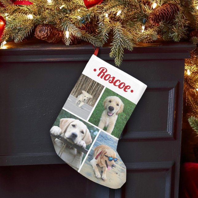 Modern 4 Photo Collage Cute Red Script Pet Namn Liten Julstrumpa (Skapare uppladdad)
