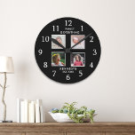 Modern 4 Photo Collage Family Namn-citat Black Rund Klocka<br><div class="desc">Skapa din egen fotokollage-väggklocka med 4 av ditt favoritbilder. Fotoklockan hjälper dig att uppskatta dina speciella stunder och ger också en tankfull gåva till föräldrar, mor- och farföräldrar och vänner. Personligens väggklocka med foton gör den till en perfekt för tillfällen. Anpassa till namn och fastställa datum. "Familjen är allt"-citatet ger...</div>