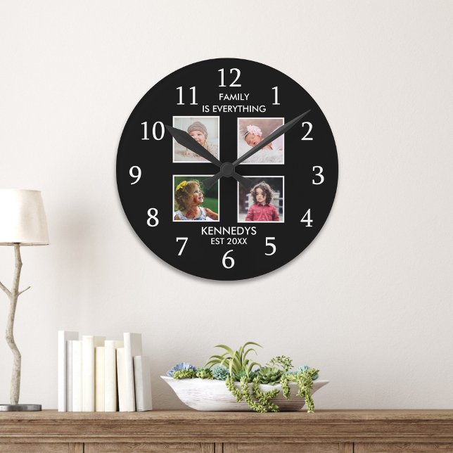 Modern 4 Photo Collage Family Namn-citat Black Rund Klocka (Modern 4 Photo Collage Family Name Quote Black Round Clock
)