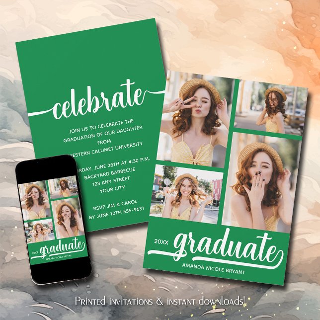 Modern 4 Photo Collage Grönt Studenten Inbjudningar (Modern 4 photo collage green graduation party invitations)