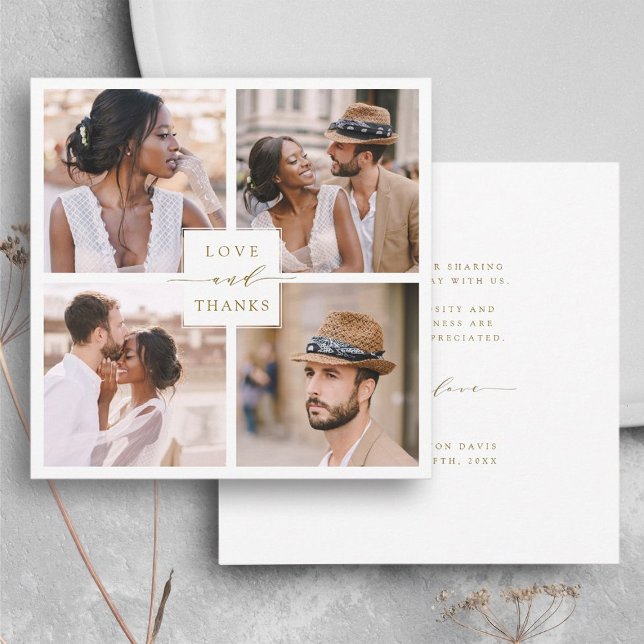 Modern 4 Photo Collage Guld Bröllop Square Tack Kort (Front & Back)