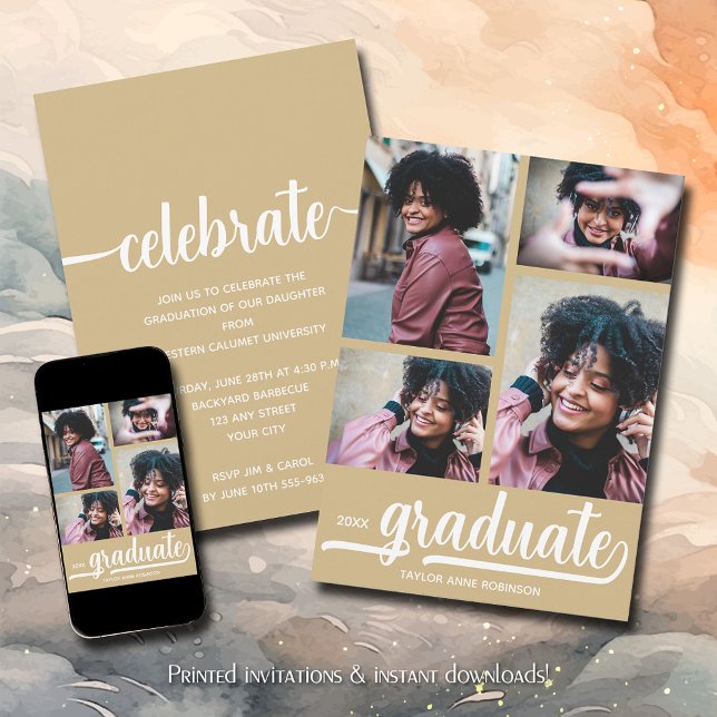 Modern 4 Photo Collage Guld Studenten Inbjudningar (Modern 4 photo collage gold graduation party invitations)