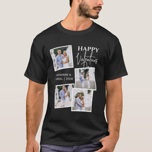 Modern 4 Photo Collage Happy Valentine’s Day Black T Shirt (Framsida)