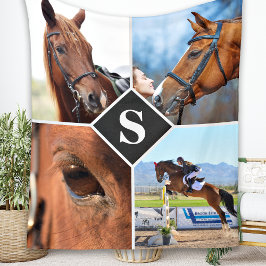 Modern 4 Photo Collage Monogram Pet Horse Lover Fleecefilt