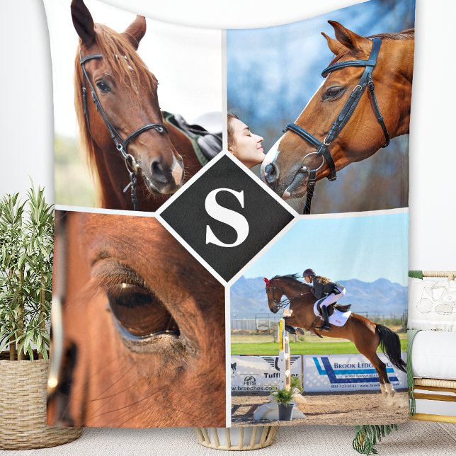 Modern 4 Photo Collage Monogram Pet Horse Lover Fleecefilt (Skapare uppladdad)