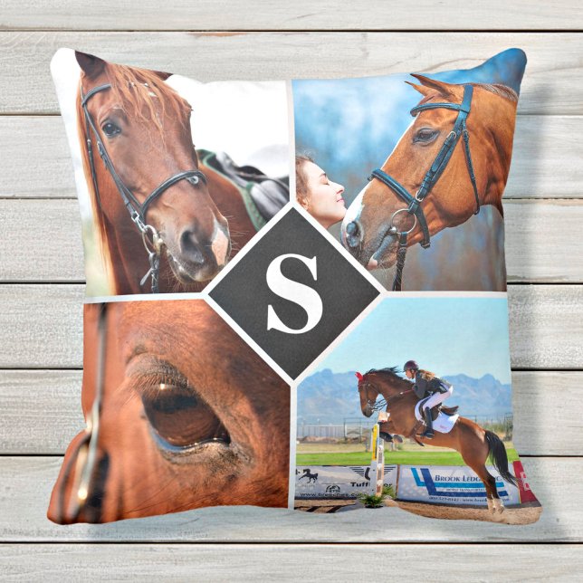 Modern 4 Photo Collage Monogram Pet Horse Lover Kudde (Skapare uppladdad)
