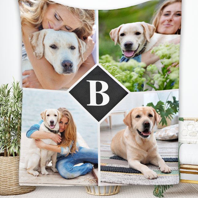 Modern 4 Photo Collage Monogram Pet Hund älskare Fleecefilt (Skapare uppladdad)