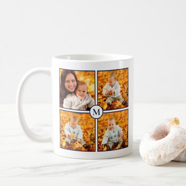 Modern 4 Photo Collage Navy Blue Monogram på vitt Kaffemugg (Med munk)