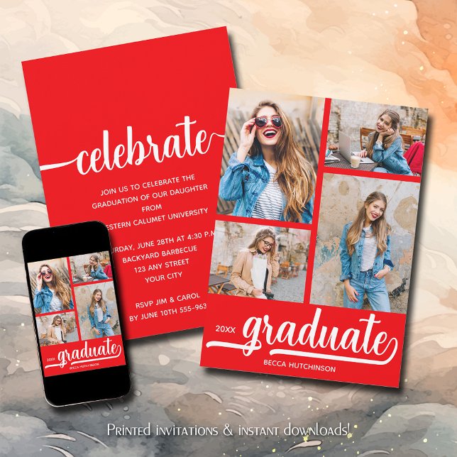 Modern 4 Photo Collage Red Studenten Inbjudningar (Modern 4 photo collage red graduation party invitations)