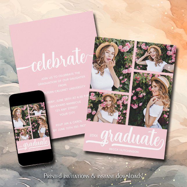 Modern 4 Photo Collage Rosa Studenten Inbjudningar (Modern 4 photo collage pink graduation party invitations)
