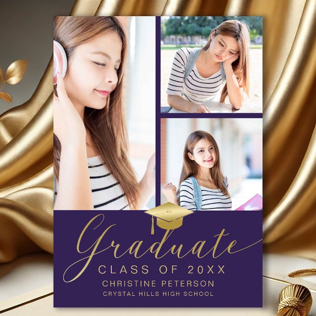 Modern 4 Photo Collage Script Lila Studenten Meddelande (Modern 4 Photo Collage Purple and Gold Graduation Announcement)
