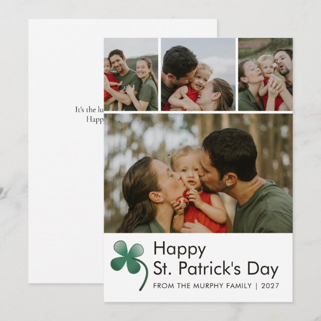 Modern 4 Photo Collage St Patricks Day Family Julkort (Fram/baksida)