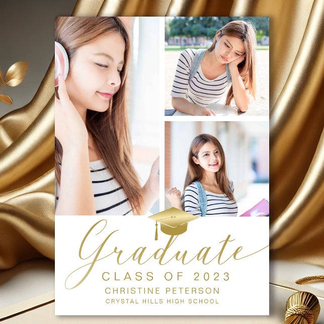 Modern 4 Photo Collage White Studenten Meddelande (Modern Photo Collage White and Gold Graduation Announcement)