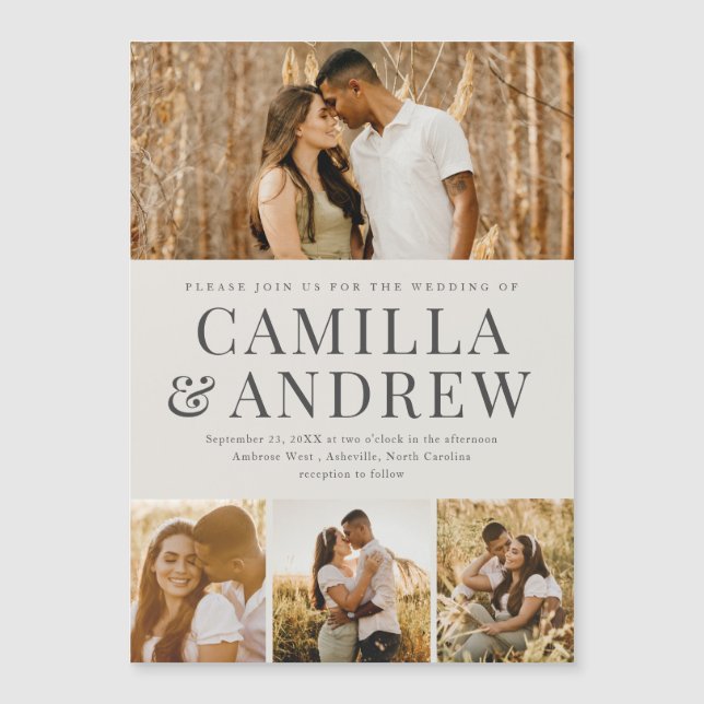 Modern 4 Photo Elegant bröllop Magnetisk Inbjudningskort (Framsida)