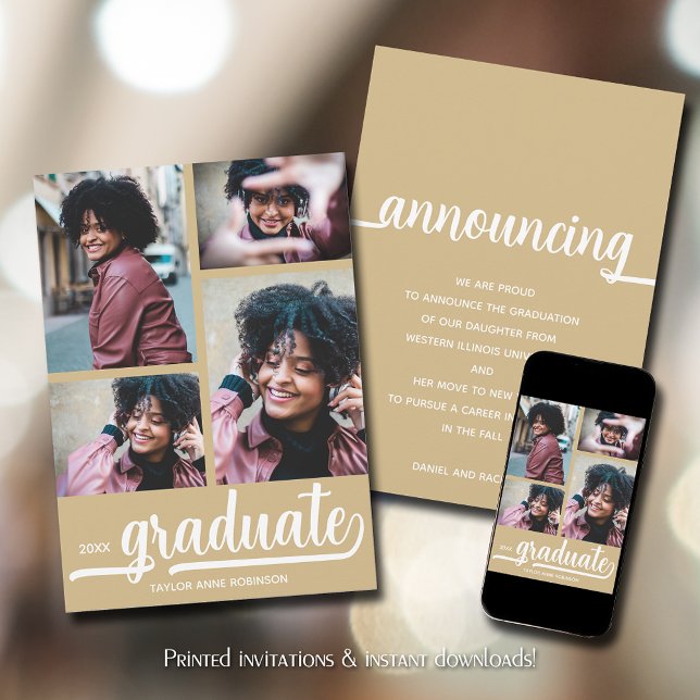 Modern 4 Photo Guld Studenten Meddelande (Modern 4 photo collage gold graduation announcements)