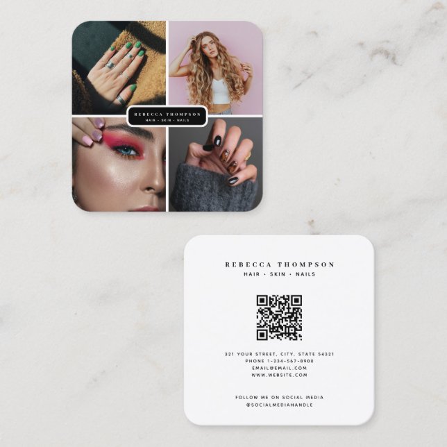 Modern 4 Photo Hair Skin Nail Salon QR-kod Fyrkantigt Visitkort (Fram/baksida)