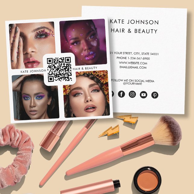 Modern 4 Photo Hair Stylist Makeup Artist QR-kod Fyrkantigt Visitkort (Modern 4 Photo Hair Stylist Makeup Artist QR Code Square Business Card)