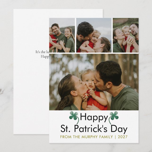 Modern 4 Photo St. Patricks Day Family  Julkort (Fram/baksida)