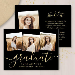 Modern 4 Photo Studenten Collage Black och Guld Meddelande