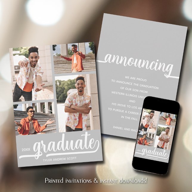 Modern 4 Photo Studenten Meddelande (Modern 4 photo silver-gray graduation announcements)
