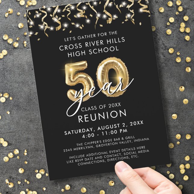 Modern 50-årig klass Reunion Black Guld Streamers Inbjudningar (Skapare uppladdad)