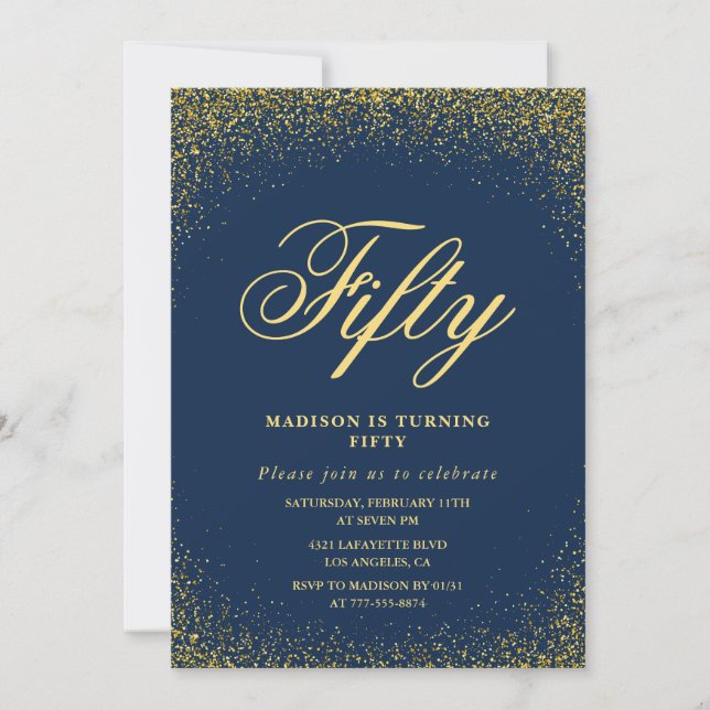 Modern 50-års födelsedagsinbjudan Guld Navy Glitte Inbjudningar (Framsida)