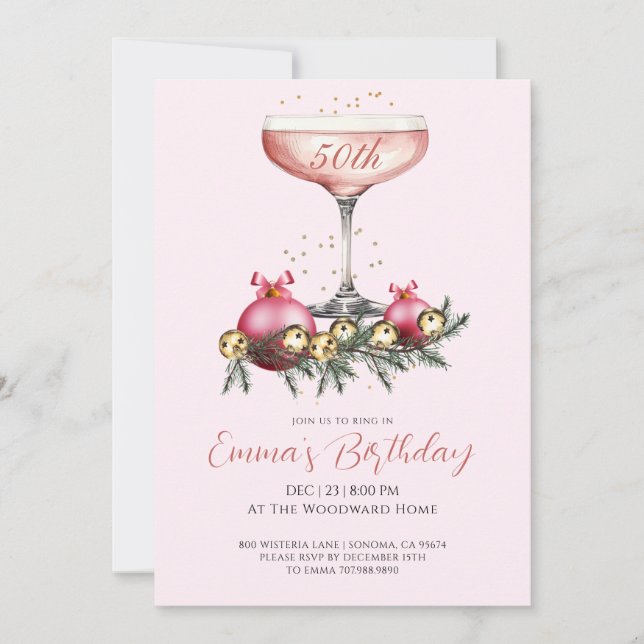 Modern 50-års jul födelsedagsfest Blush Rosa Inbjudningar (Framsida)