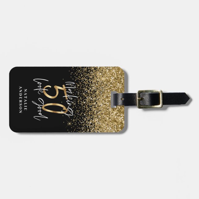 Modern 50-årsdag för svart glitter och guld bagagebricka (Horisontell Framsida)