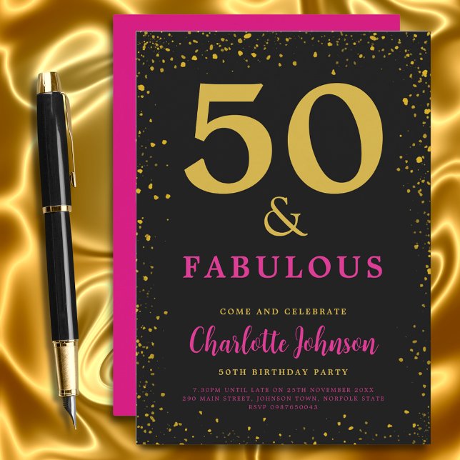 Modern 50-årsfest Rosa Inbjudningar (50 and fabulous stylish black pink and gold glitter 50th birthday party invitation )