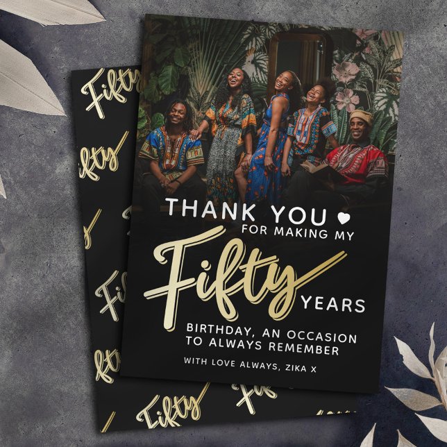 Modern 50-årsjubileum guld svart 50-skripttext tack kort (Skapare uppladdad)