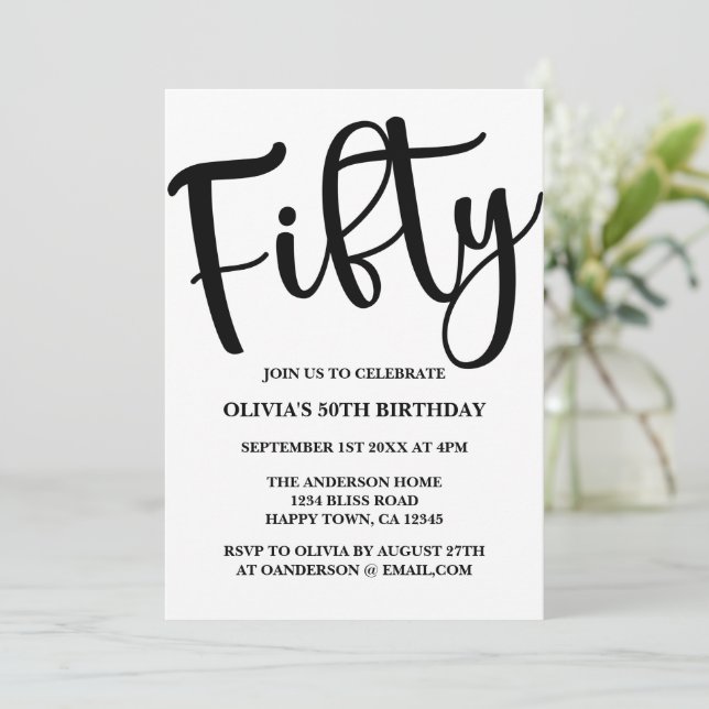 Modern 50:e födelsedag svart och vitt inbjudningar (Stående Fram)