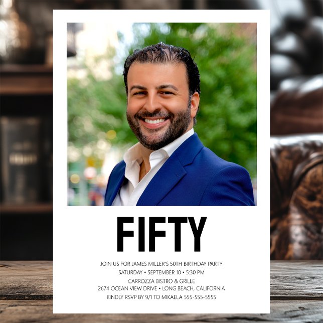 Modern 50:e Födelsedagsfesten foto med 50 sidor Inbjudningar (Skapare uppladdad)