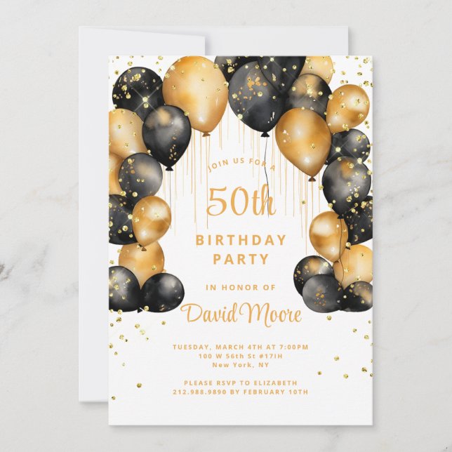 Modern 50:e Födelsedagsfesten svarta Guld-ballonge Inbjudningar (Framsida)
