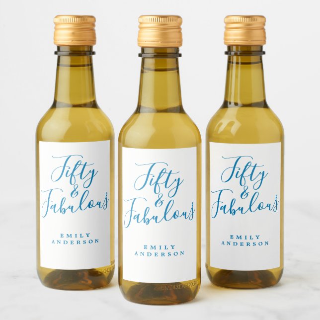 Modern 50-faldig, blå, eget namn 50:e födelsedagen vinetikett (Flaskor)