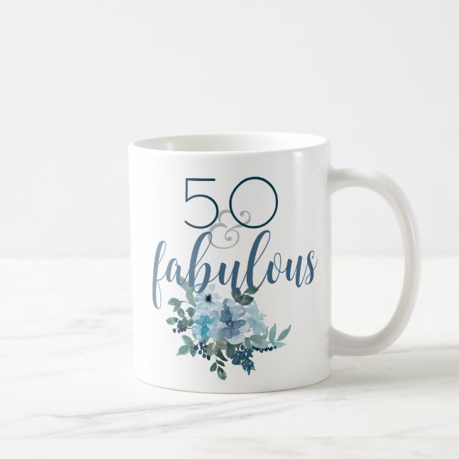 Modern 50 och Fabulous Blue Blommigt Watercolor Kaffemugg (Höger)
