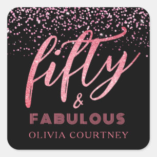 Modern 50 och Fabulous Rosa Glitter Black Birthday Fyrkantigt Klistermärke