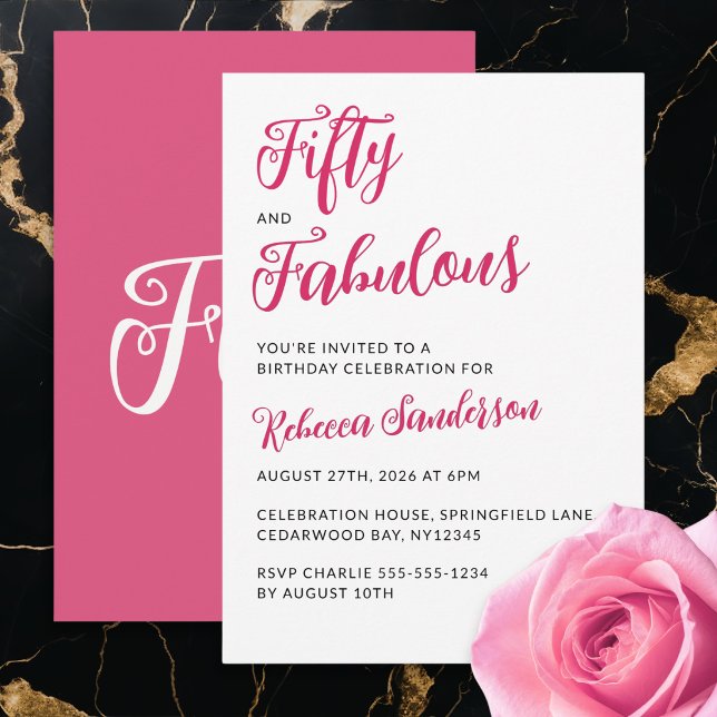 Modern 50 och fantastisk rosa 50-årsfest inbjudningar (A "Fifty and Fabulous" invitation for a 50th birthday party, with pink script and black capitals)