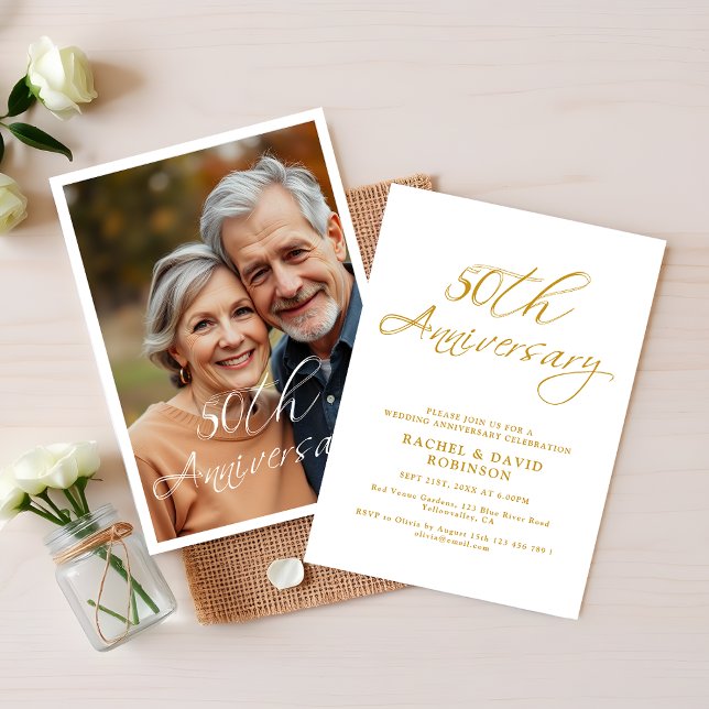 Modern 50th Wedding Anniversary Gold Script Photo Inbjudningar (Skapare uppladdad)