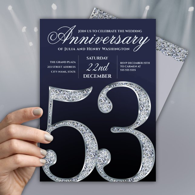 Modern 53-årsjubileum Diamant Silver Marinblå Inbjudningar (Skapare uppladdad)